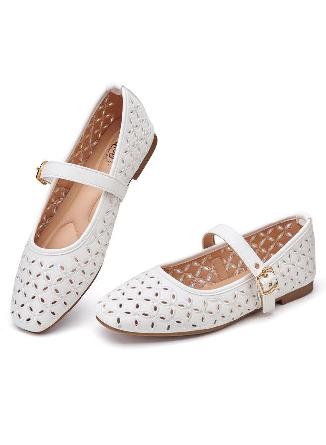 Trary Mary Jane Shoes Women, Hollow Flats for Women, Ballet Flats Shoes Squared Toe Mary Jane Flats, Ankle Strap Flats Shoes Dressy Comfortable, White, 8 - Image 1