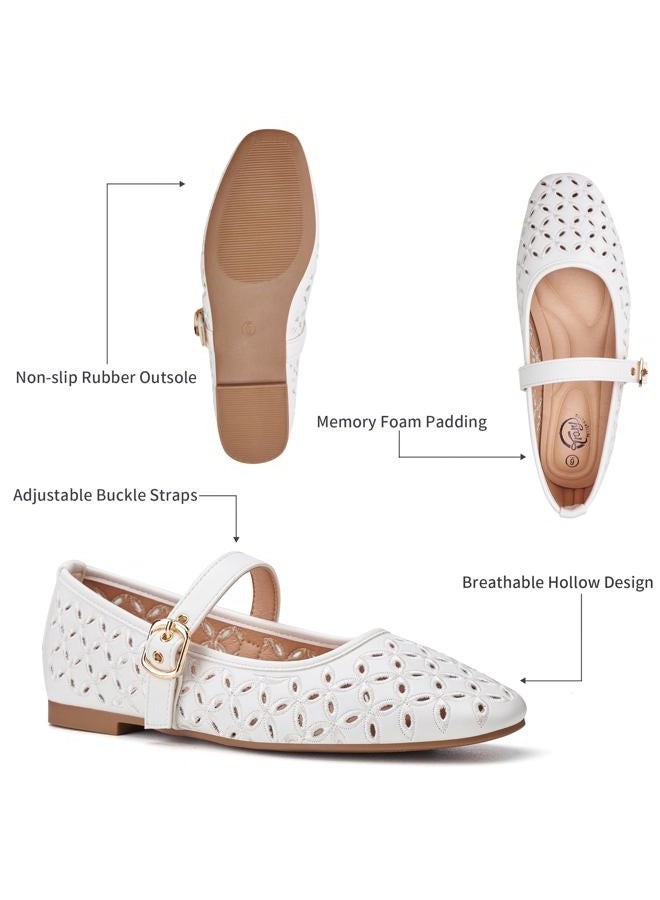 Trary Mary Jane Shoes Women, Hollow Flats for Women, Ballet Flats Shoes Squared Toe Mary Jane Flats, Ankle Strap Flats Shoes Dressy Comfortable, White, 8 - Image 5