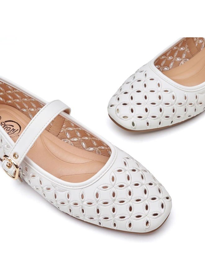 Trary Mary Jane Shoes Women, Hollow Flats for Women, Ballet Flats Shoes Squared Toe Mary Jane Flats, Ankle Strap Flats Shoes Dressy Comfortable, White, 8 - Image 3