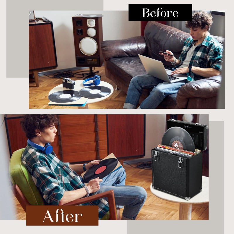 Hododou Vinyl Record Storage Box with Lock Record Organizer Storage for 30+ Single Records 12-inch Water Resistant Collapsible Storage Crate with Lid Handle Mesh Pouch for Valuable Album Collection - Image 4