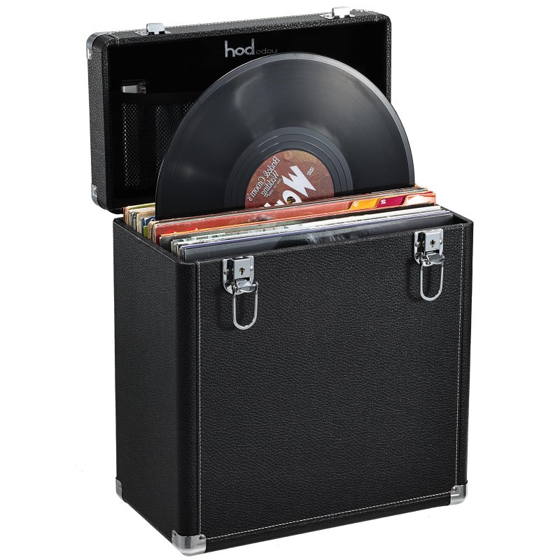 Hododou Vinyl Record Storage Box with Lock Record Organizer Storage for 30+ Single Records 12-inch Water Resistant Collapsible Storage Crate with Lid Handle Mesh Pouch for Valuable Album Collection - Image 1