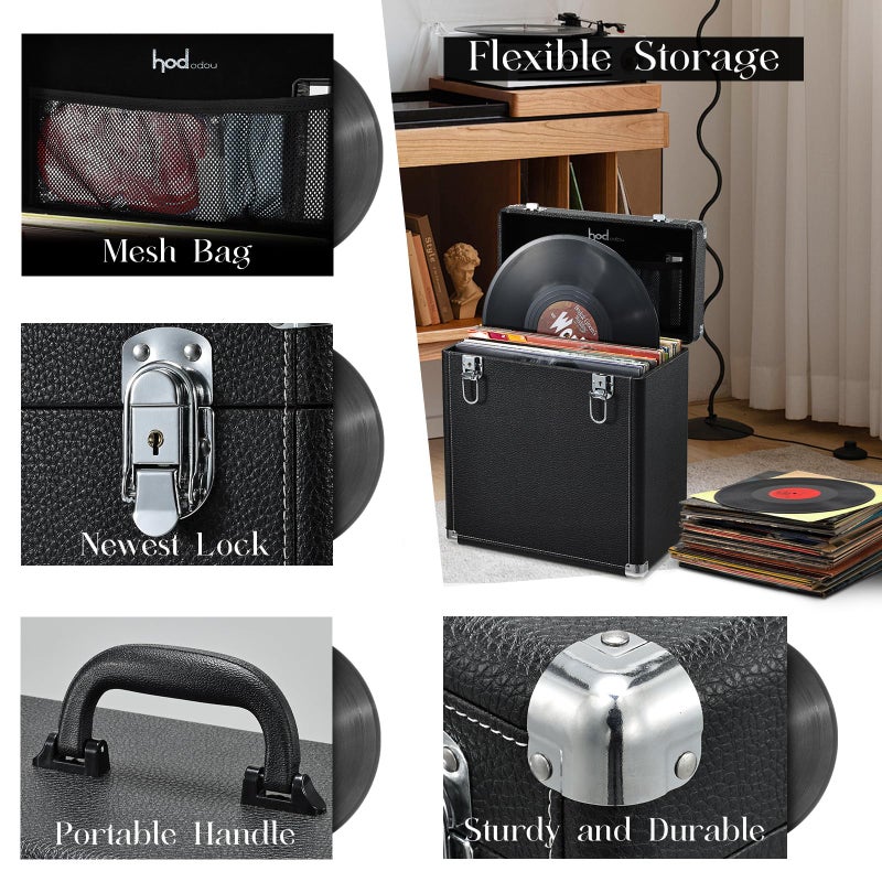 Hododou Vinyl Record Storage Box with Lock Record Organizer Storage for 30+ Single Records 12-inch Water Resistant Collapsible Storage Crate with Lid Handle Mesh Pouch for Valuable Album Collection - Image 2