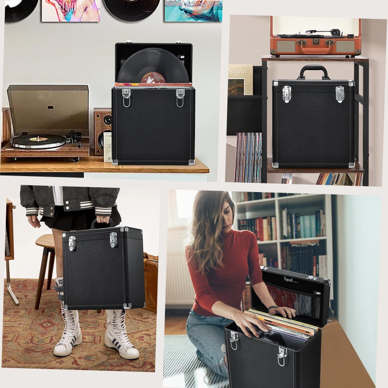 Hododou Vinyl Record Storage Box with Lock Record Organizer Storage for 30+ Single Records 12-inch Water Resistant Collapsible Storage Crate with Lid Handle Mesh Pouch for Valuable Album Collection - Image 3