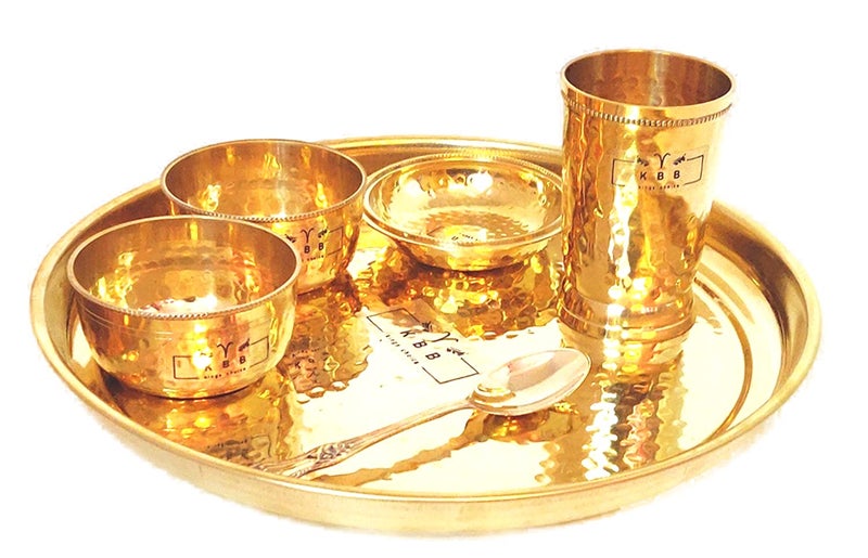 KBB Brass Dinner Set Hammered Thali 12Inch 6 Pieces Solid - Image 1