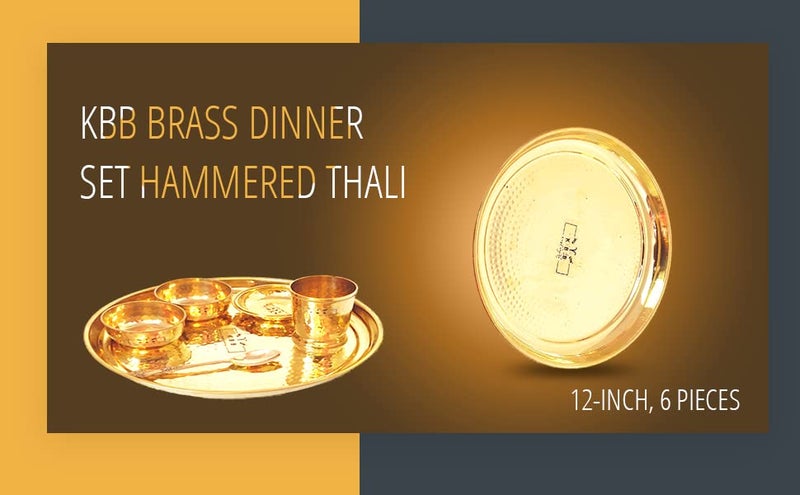 KBB Brass Dinner Set Hammered Thali 12Inch 6 Pieces Solid - Image 5