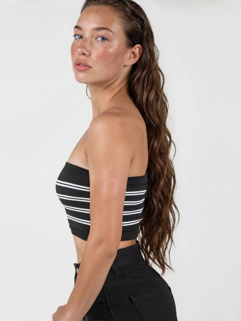بوسيم BUSEM Strapless Ribbed Striped Crop Top