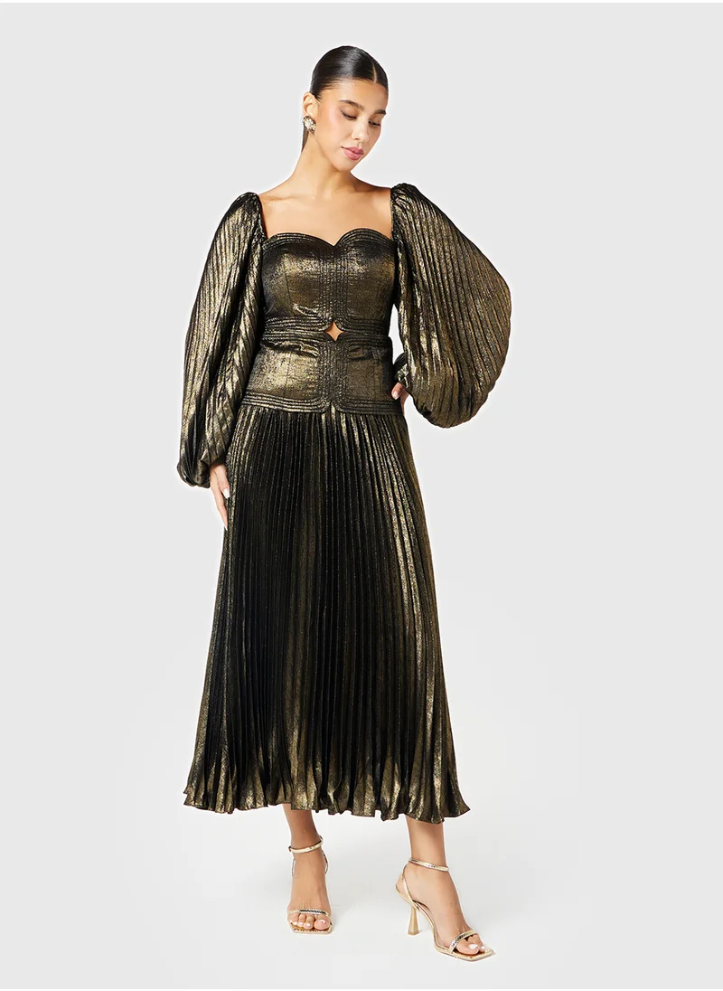 Threadz by Ajooni Waist Cutout Metallic Pleated Dress