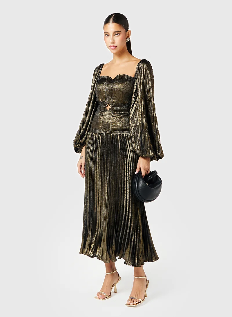 Threadz by Ajooni Waist Cutout Metallic Pleated Dress