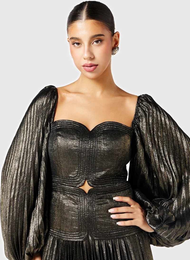 Threadz by Ajooni Waist Cutout Metallic Pleated Dress