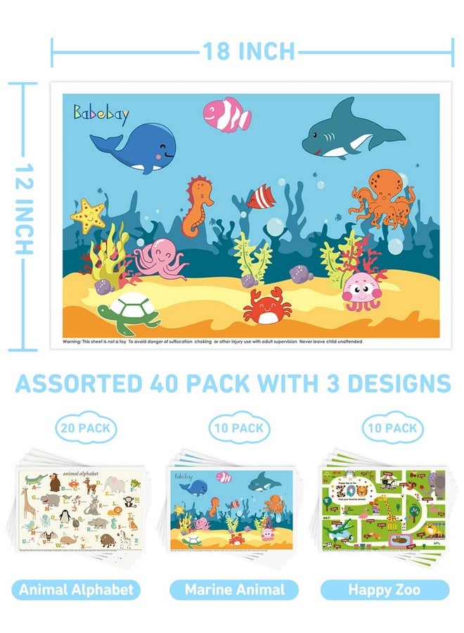 Babebay Disposable Placemats For Baby 40 Pack Sticky Toddler Placemat For Restaurants Dining Table Party Travel 12" X 18" With 3 Designs - Image 3