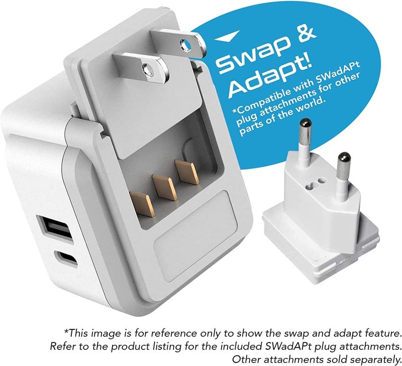 Ceptics Germany, Korea Travel Plug Adapter Set, 20W PD & QC, Safe Dual USB & USB-C - 2 USA Socket - Use in Schuko, France, Russia, Netherlands - Includes Type E/F SWadAPt Attachments - Image 2