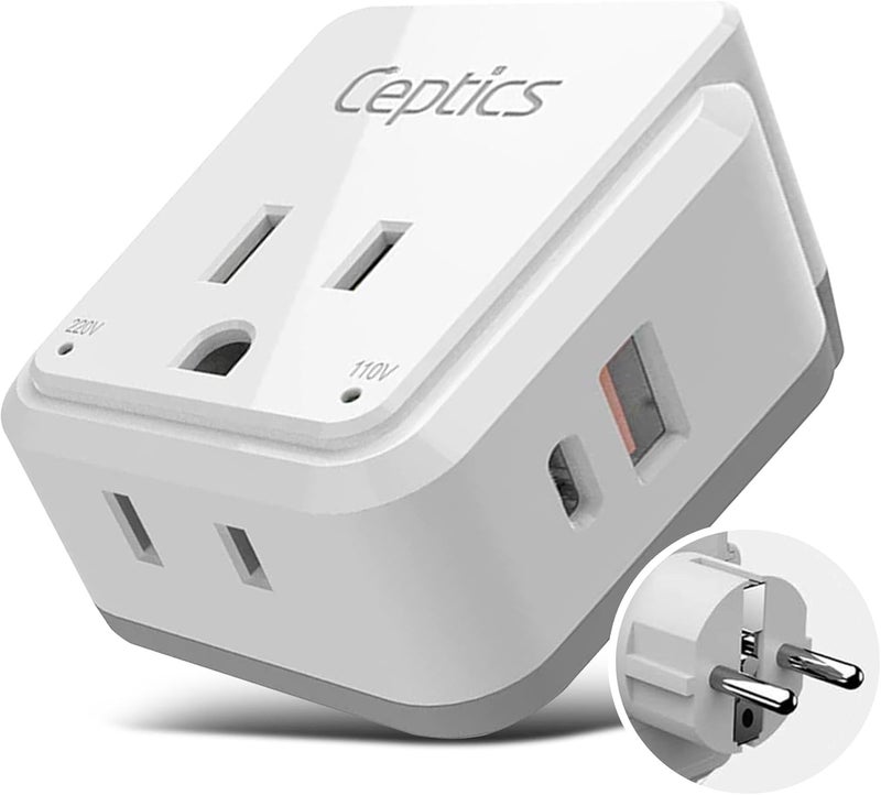 Ceptics Germany, Korea Travel Plug Adapter Set, 20W PD & QC, Safe Dual USB & USB-C - 2 USA Socket - Use in Schuko, France, Russia, Netherlands - Includes Type E/F SWadAPt Attachments - Image 1