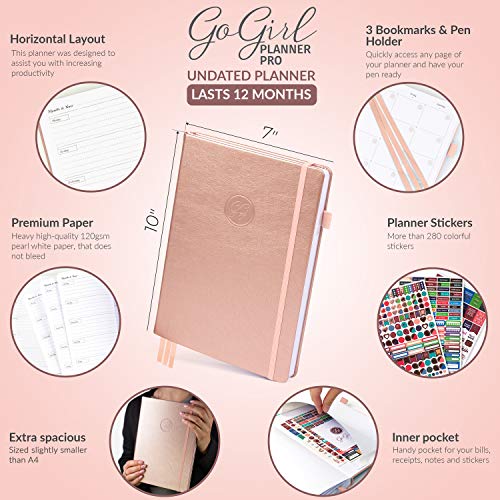 GoGirl Planner PRO - Undated Horizontal Layout Weekly Planner and Organizer + Budgeting and Expense Tracking Pages, Goals Journal & Agenda, 7" x 10" Hardcover, Lasts 1 Year - Rose Gold - Image 2