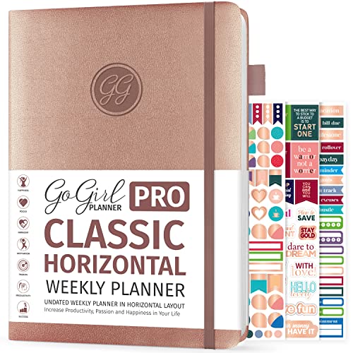 GoGirl Planner PRO - Undated Horizontal Layout Weekly Planner and Organizer + Budgeting and Expense Tracking Pages, Goals Journal & Agenda, 7" x 10" Hardcover, Lasts 1 Year - Rose Gold - Image 1