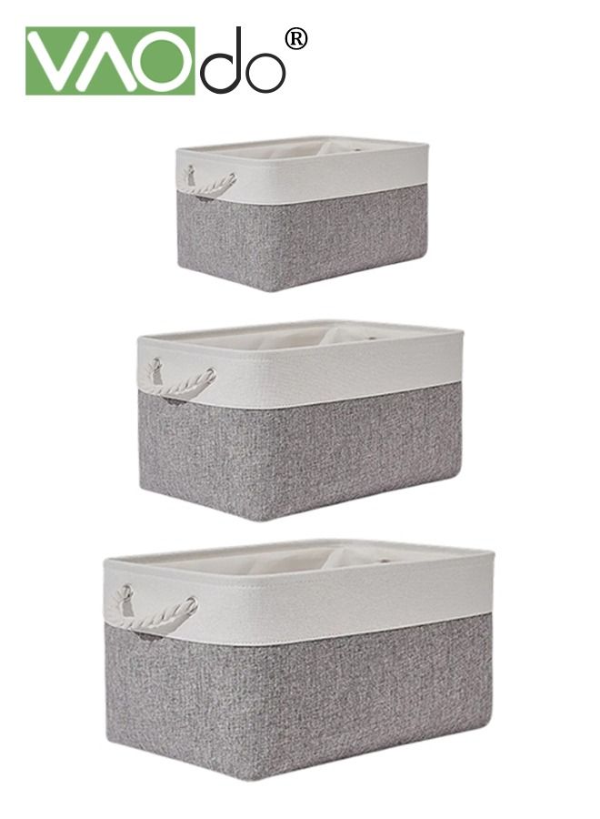 فاو دو 3 قطعة صندوق تخزين من الكتان القطني صندوق تخزين قابل للطي مع مقبض قطن قماش غير منسوج سلة تخزين مقاومة للغبار باللون الرمادي - Image 1