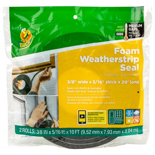 Duck Brand Self Adhesive Foam Weatherstrip Seal for Extra Large Gaps, 20 Total Feet, Window and Door Seal Strip Foam Tape, 3/8-Inch Wide x 5/16-Inch Thick x 10-Feet Long, 2 Rolls, Charcoal (285645) - Image 1
