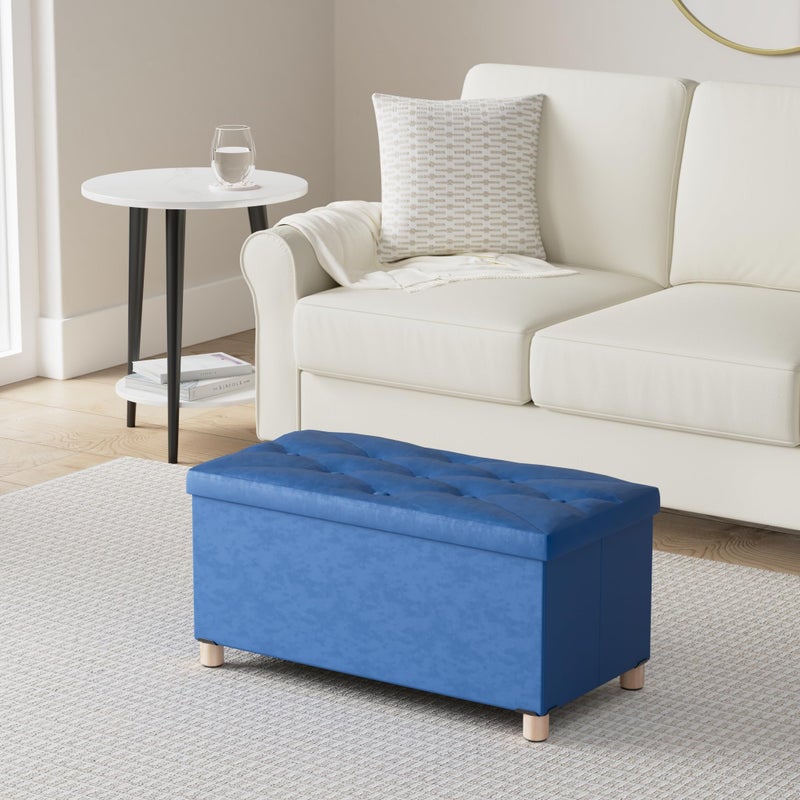 BRIAN & DANY 30 Inches Folding Storage Ottoman Bench, Ottoman with Storage for Living Room, with Wooden Feet and Lid, Blue - Image 2