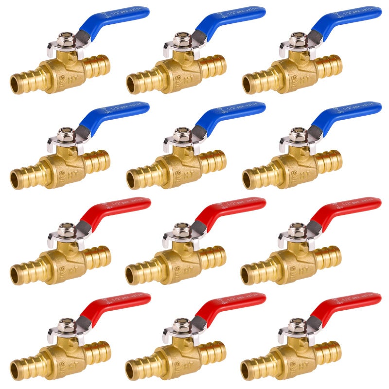 Horiznext pex valves 12 inch brass full port shut off valve kit with barb crimp rings for water pipes garden hose air line 6 red 6 blue - Image 2