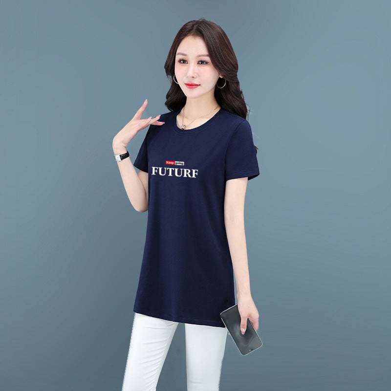 Middle-Aged Mom'S Pure Cotton Stretch Casual Short-Sleeved Mid-Length T-Shirt Women'S Summer Thin Round Neck Loose Meat Covering T-Shirt - Image 1