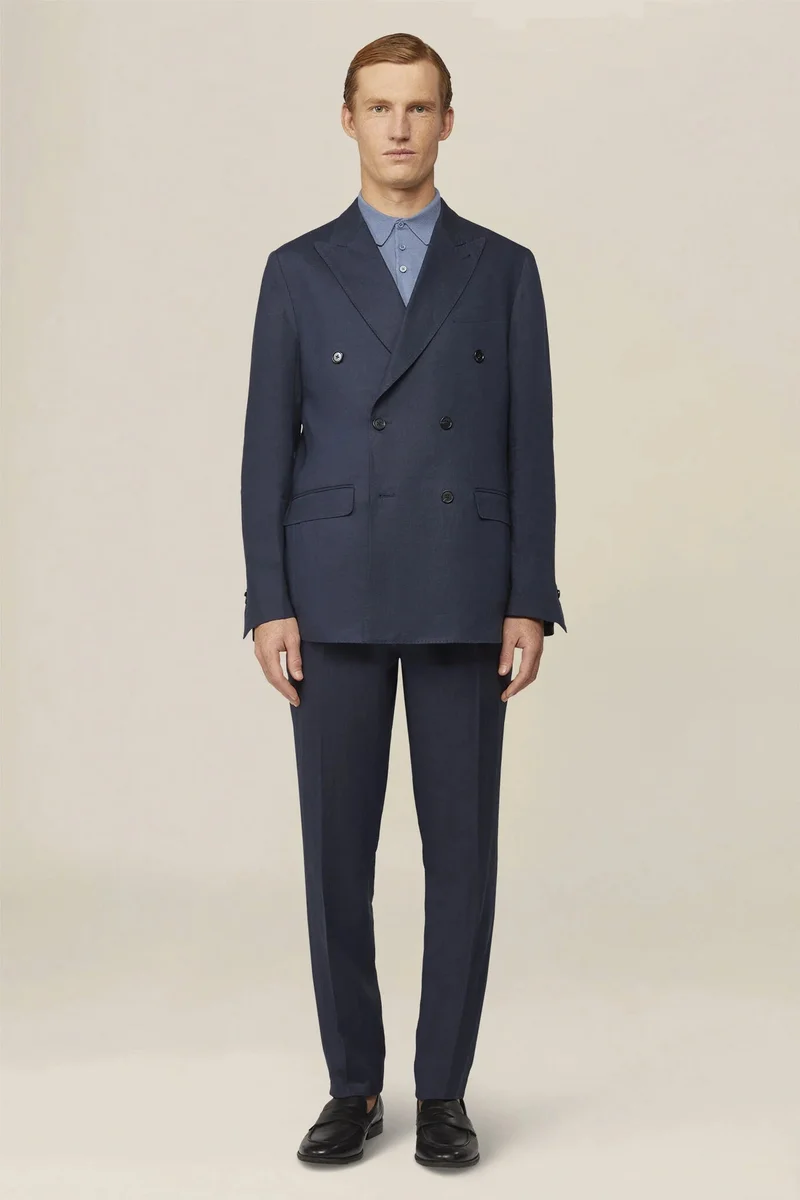 دوبل غانغر Men's double-breasted suit in 100% linen, regular fit - DK Blue