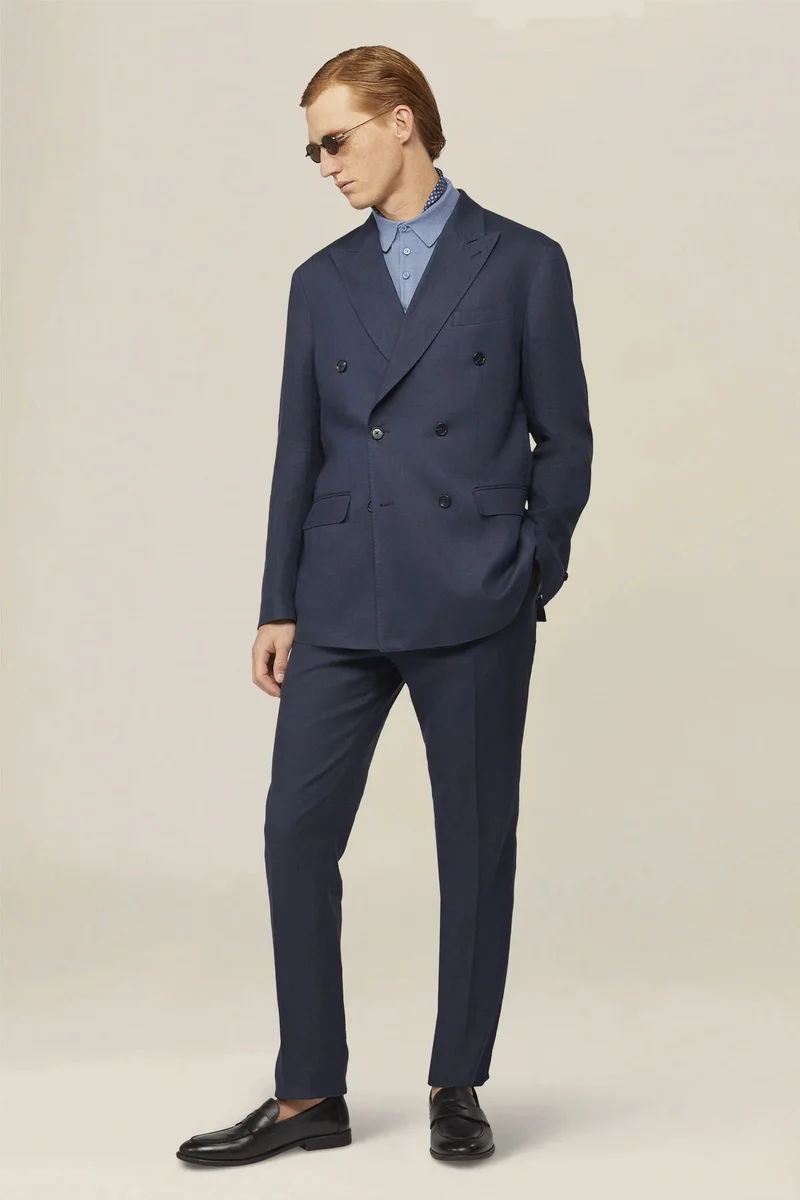 دوبل غانغر Men's double-breasted suit in 100% linen, regular fit - DK Blue