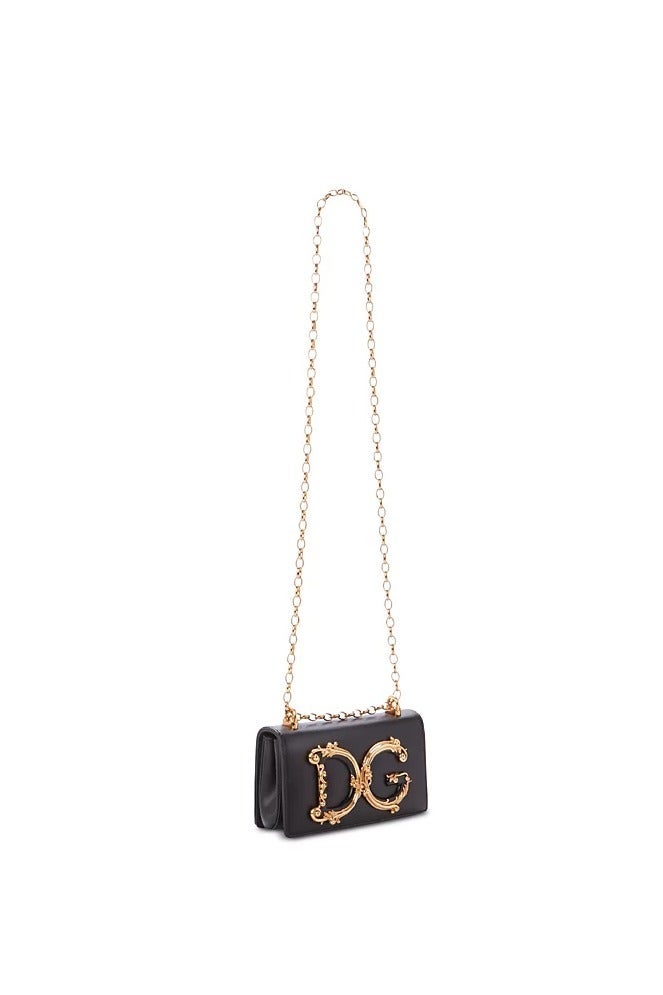 دي آند جي D&G Baroque DG Logo Crossbody Bag | Black leather bag, decorated with gorgeous gold metal accessories, a luxury item that highlights the appearance of high fashion. " - Image 3