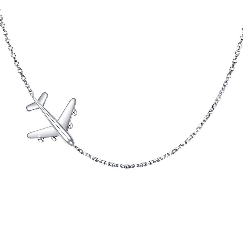 FLYOW Airplane Sideways Choker Necklace S925 Sterling Silver Aircraft Jelwery Adjustable Chain 15+3 Inch for Women Lady, Best Gifts for Stewardess Flight Attendants (Choker)
