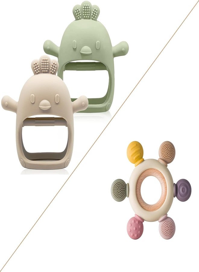 SADRUCHI Silicone & Wooden Baby Teether for 3+ Months, BPA-Free Food Grade Teething Toy with Wooden Ring, Soft Gum Soothing Chew Toy for Infants, Newborn Babies Boys & Girls (Teether & Ring ( Pink+ Cream + Green )) - Image 1