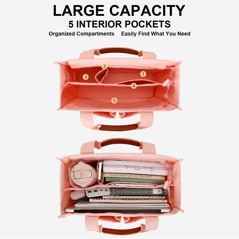 KKXIU Large Canvas Tote Bag for Women with Zipper and Compartments Crossbody Work Bible Messenger Purse Bag With Pockets - Pink - Image 3