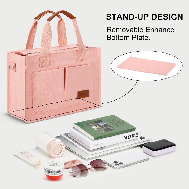KKXIU Large Canvas Tote Bag for Women with Zipper and Compartments Crossbody Work Bible Messenger Purse Bag With Pockets - Pink - Image 4