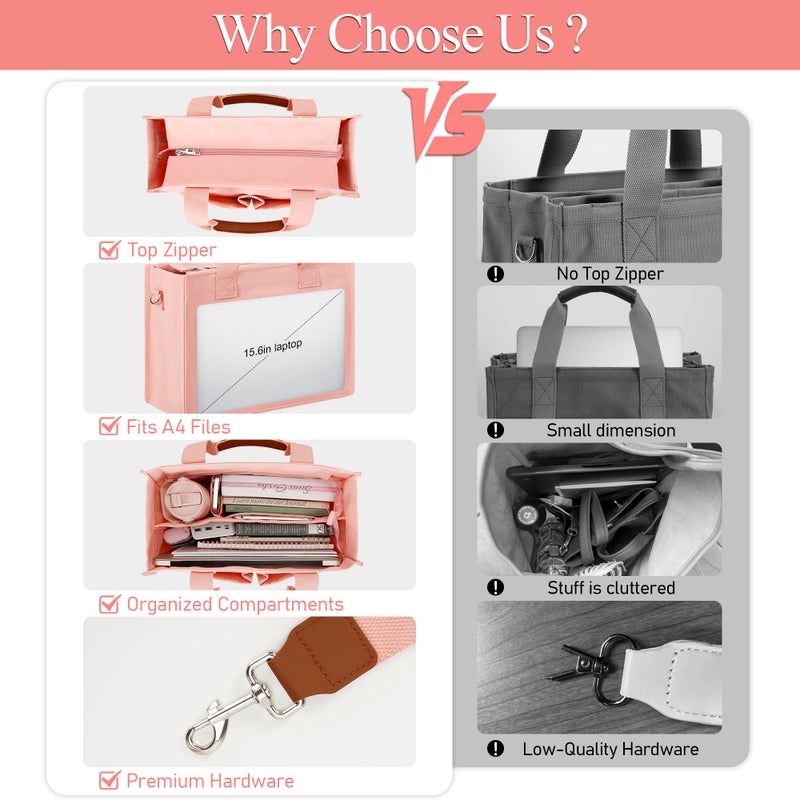 KKXIU Large Canvas Tote Bag for Women with Zipper and Compartments Crossbody Work Bible Messenger Purse Bag With Pockets - Pink - Image 5