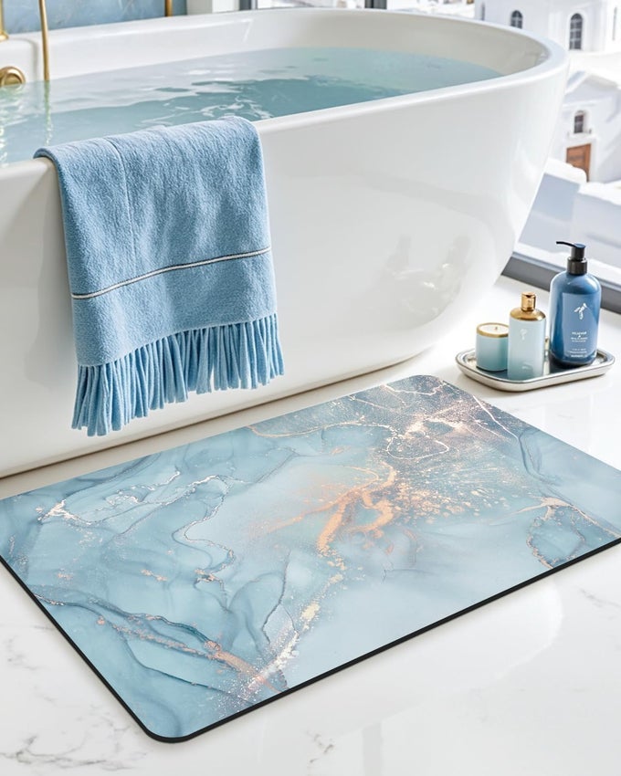 BATHROOM MAT ULTRA THIN NON SLIP BATH RUG FOR SHOWER FLOOR ABSORBENT QUICK DRY MARBLE BATHMATS LOW PROFILE 16X24 BLUE
