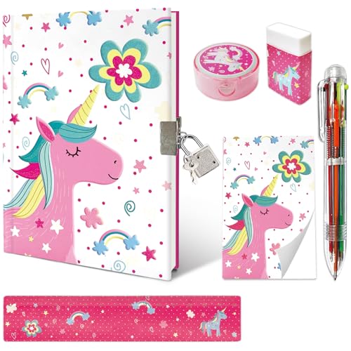GINMLYDA Girls Diary with Lock Unicorn Secret Diary Set Incl Kids Lockable Journal Memo 6Multicolor Pen Ruler Eraser Sharpener Writing Notebook Gift for Girls 610 - Image 1