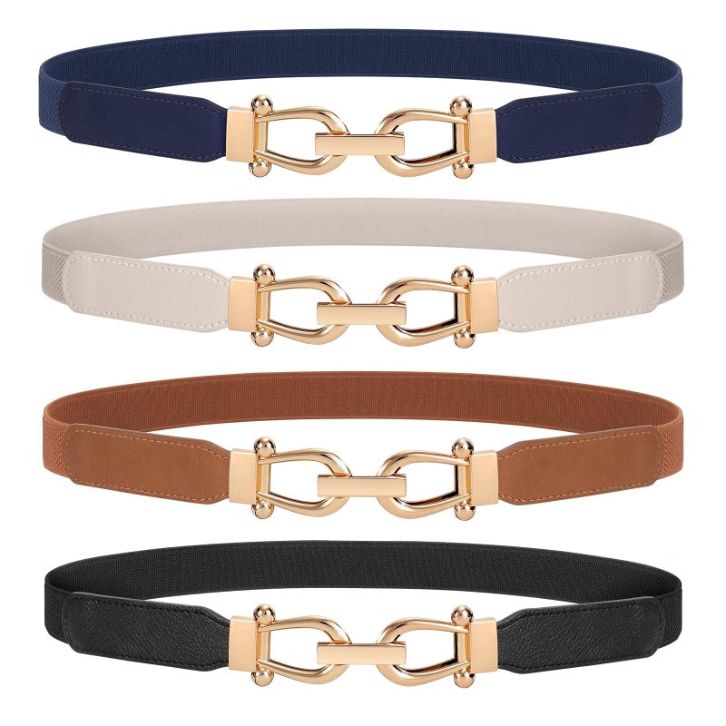 WERFORU Women Skinny Belt for Dresses Retro Stretch Waist Belt with Gold Buckle Set of 4,Black+Brown+Blue+Beige - Image 1