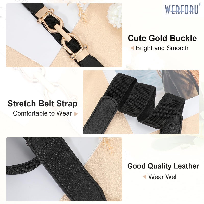 WERFORU Women Skinny Belt for Dresses Retro Stretch Waist Belt with Gold Buckle Set of 4,Black+Brown+Blue+Beige - Image 4