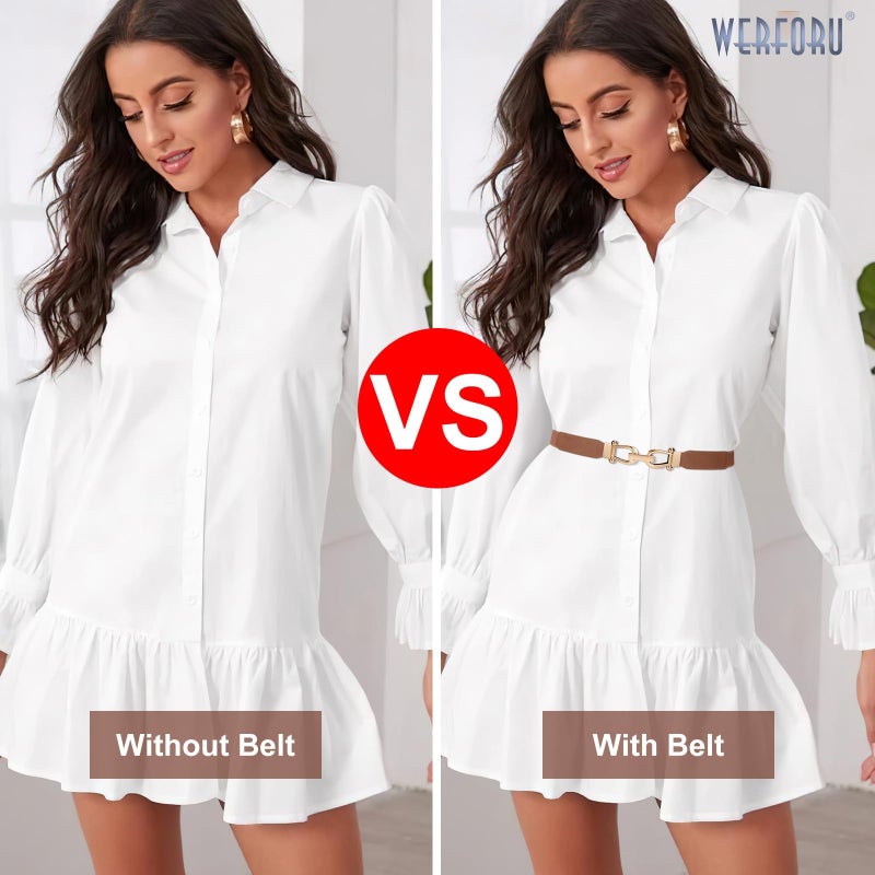 WERFORU Women Skinny Belt for Dresses Retro Stretch Waist Belt with Gold Buckle Set of 4,Black+Brown+Blue+Beige - Image 2