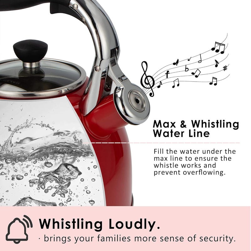 Rorence Whistling Tea Kettle: 2.5 Quart Stainless Steel Kettle with Capsule Bottom & Heat-resistant Glass Lid (Red) - Image 3