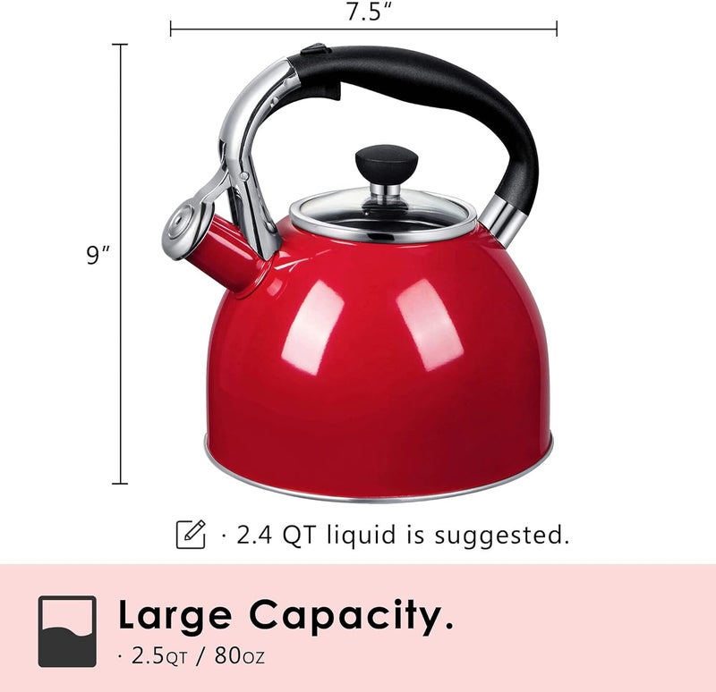 Rorence Whistling Tea Kettle: 2.5 Quart Stainless Steel Kettle with Capsule Bottom & Heat-resistant Glass Lid (Red) - Image 2