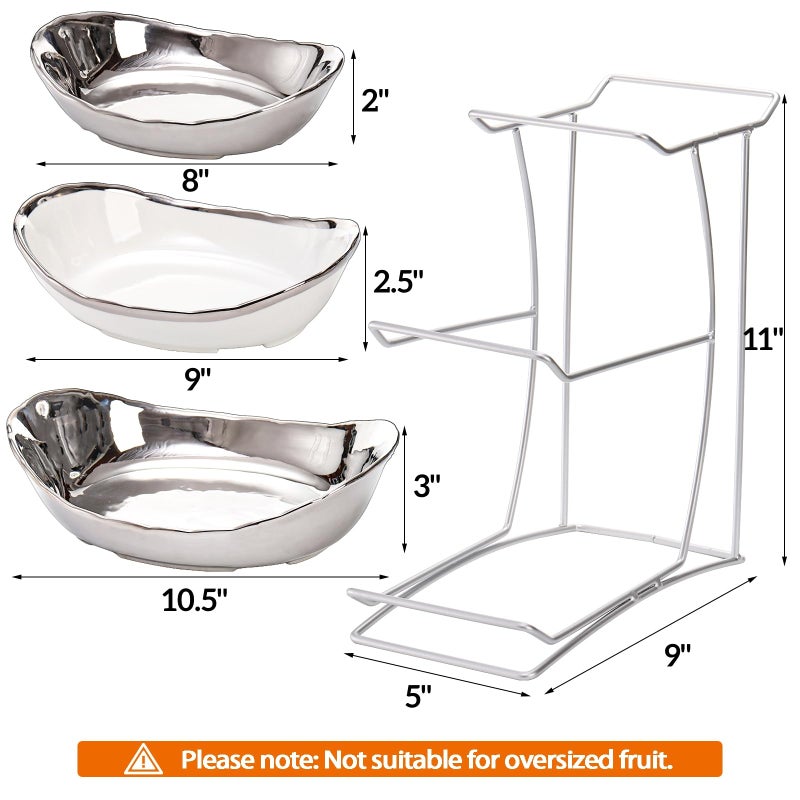 Goaste 3 Tier Ceramic Fruit Bowl, Oval Tiered Serving Bowl Set, Porcelain Fruit Basket with Metal Stand, Large Detachable Fruit Storage Holder Rack for Kitchen Counter, Vegetable, Cake, Dessert, Salad - Image 2