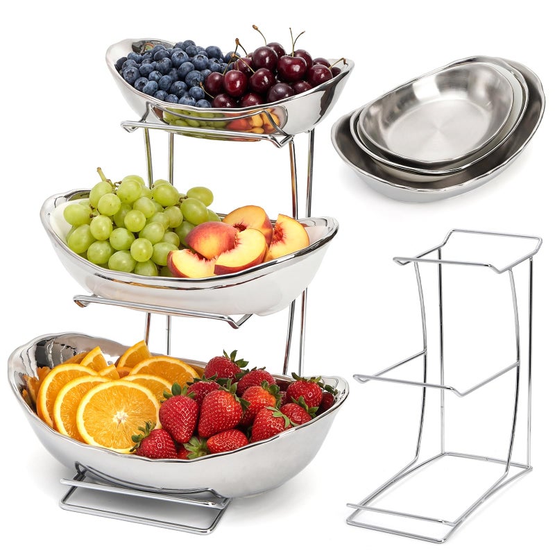 Goaste 3 Tier Ceramic Fruit Bowl, Oval Tiered Serving Bowl Set, Porcelain Fruit Basket with Metal Stand, Large Detachable Fruit Storage Holder Rack for Kitchen Counter, Vegetable, Cake, Dessert, Salad - Image 1