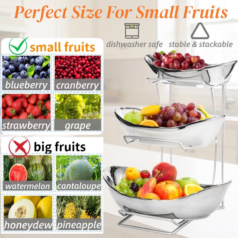Goaste 3 Tier Ceramic Fruit Bowl, Oval Tiered Serving Bowl Set, Porcelain Fruit Basket with Metal Stand, Large Detachable Fruit Storage Holder Rack for Kitchen Counter, Vegetable, Cake, Dessert, Salad - Image 3