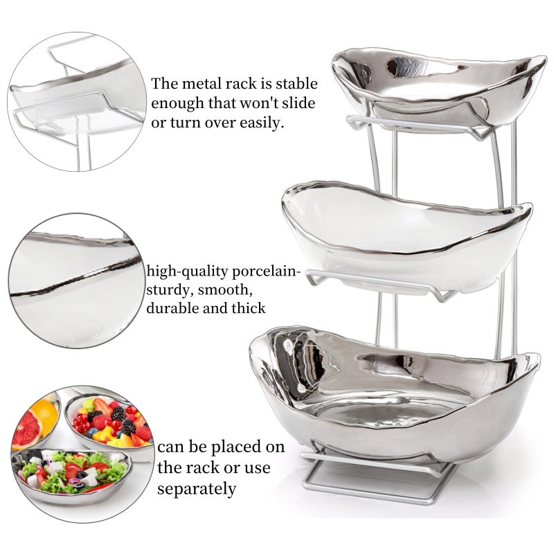 Goaste 3 Tier Ceramic Fruit Bowl, Oval Tiered Serving Bowl Set, Porcelain Fruit Basket with Metal Stand, Large Detachable Fruit Storage Holder Rack for Kitchen Counter, Vegetable, Cake, Dessert, Salad - Image 4