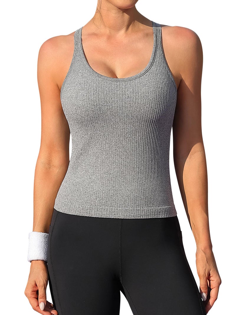 ATTRACO Workout Tops for Women Padded Crop Cami Tank Casual Racerback Yoga Top M Gray Heather - Image 1