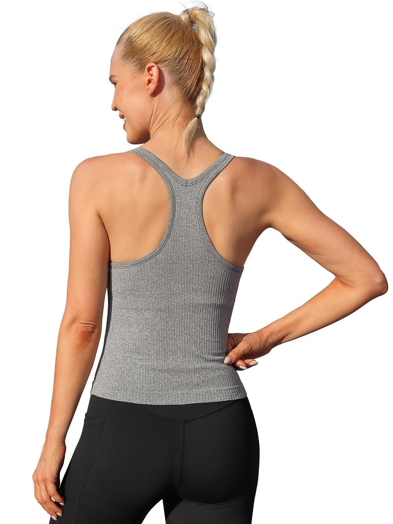 ATTRACO Workout Tops for Women Padded Crop Cami Tank Casual Racerback Yoga Top M Gray Heather - Image 2