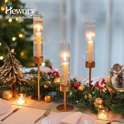 Hewory Gold Hurricane Candle Holders: Brass Candlestick Holders Set of 3 Tall Taper Candle Holders for Candlesticks Candle Sticks Holder Decor for Table Centerpiece Wedding Party Christmas Decorations - Image 4