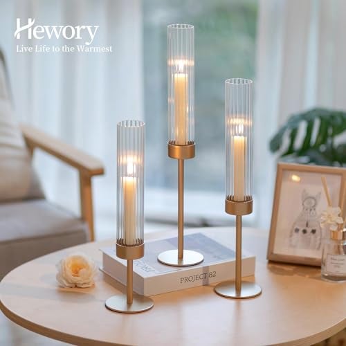 Hewory Gold Hurricane Candle Holders: Brass Candlestick Holders Set of 3 Tall Taper Candle Holders for Candlesticks Candle Sticks Holder Decor for Table Centerpiece Wedding Party Christmas Decorations - Image 2