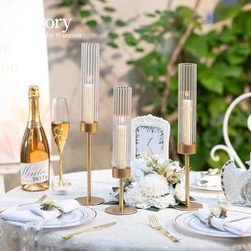 Hewory Gold Hurricane Candle Holders: Brass Candlestick Holders Set of 3 Tall Taper Candle Holders for Candlesticks Candle Sticks Holder Decor for Table Centerpiece Wedding Party Christmas Decorations - Image 3