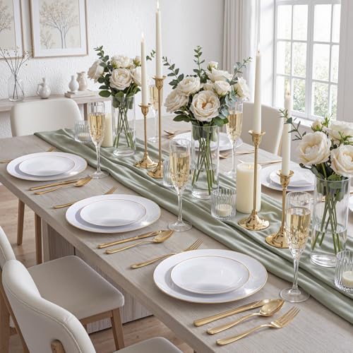 KIRE 200PCS Gold Plastic Plates Disposable Plates for Party White Plastic Plates with Gold Rim Include 100 for Dinner and 100 for DessertSalad in WeddingValentines DayNew Year - Image 5
