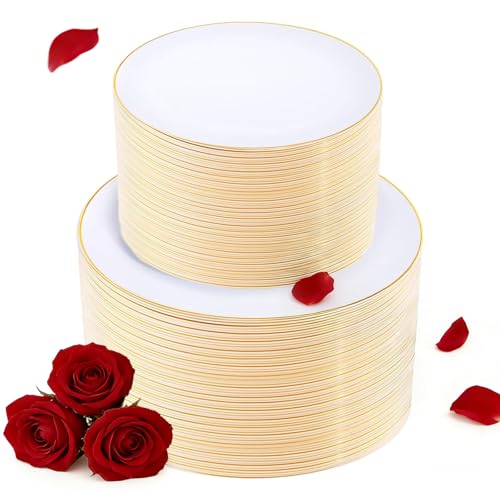 KIRE 200PCS Gold Plastic Plates Disposable Plates for Party White Plastic Plates with Gold Rim Include 100 for Dinner and 100 for DessertSalad in WeddingValentines DayNew Year - Image 2