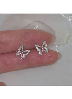 S925 Sterling Silver Butterfly Stud Earrings 2024 Large diamond butterfly stud earrings-White Gold